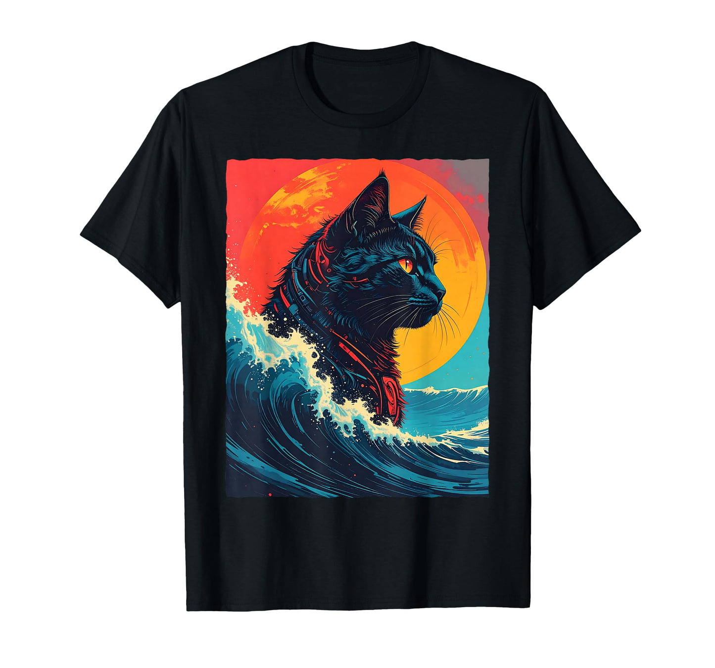 Great Kanagawa Wave Black Cat Robot Cyborg Sci-Fi Retro Sun T-Shirt