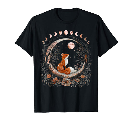 Witchy Moon Cottagecore Aesthetic Floral Fox Women Girls T-Shirt