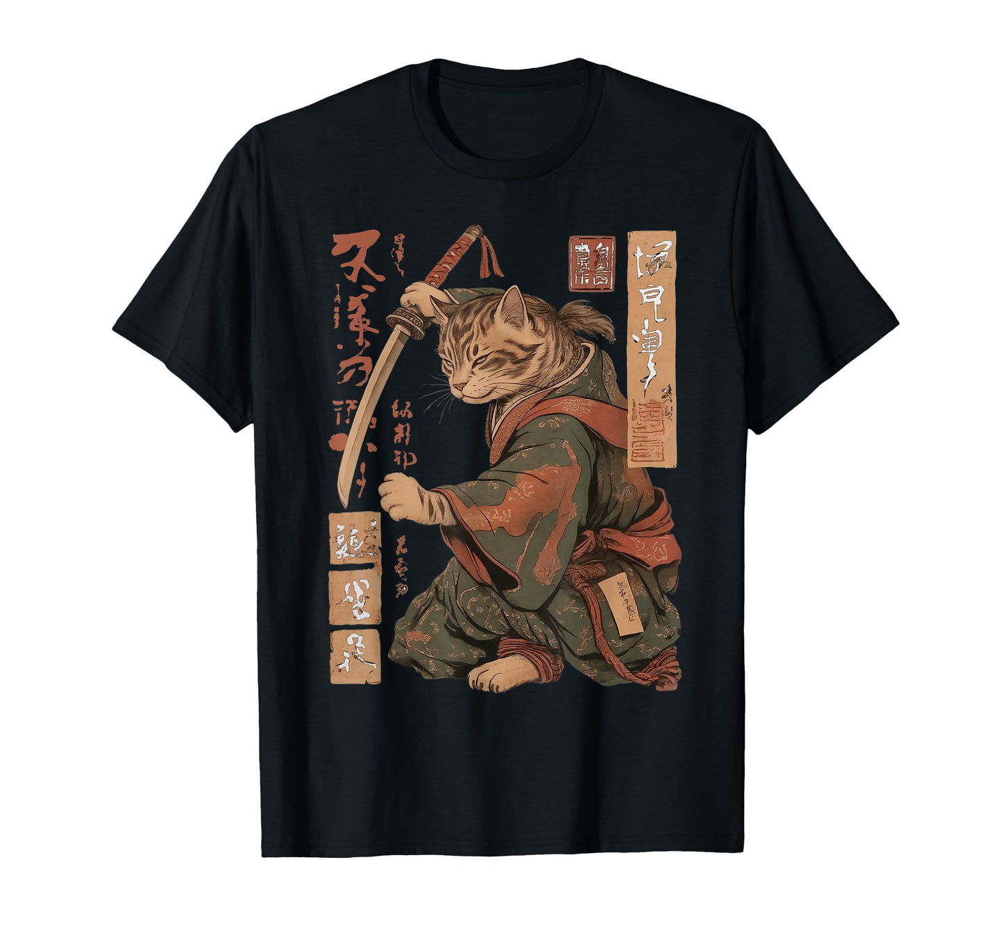 Vintage Anime Cat Japanese Funny Samurai Cat Ukiyo-e Warrior T-Shirt