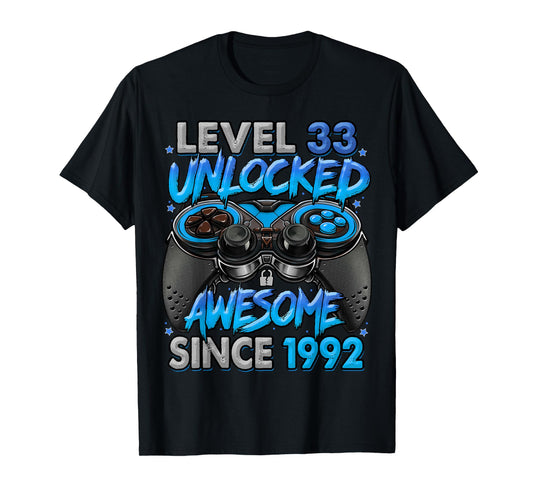 Level 33 Unlocked Awesome Since 1992 33rd Birthday Gaming T-Shirt