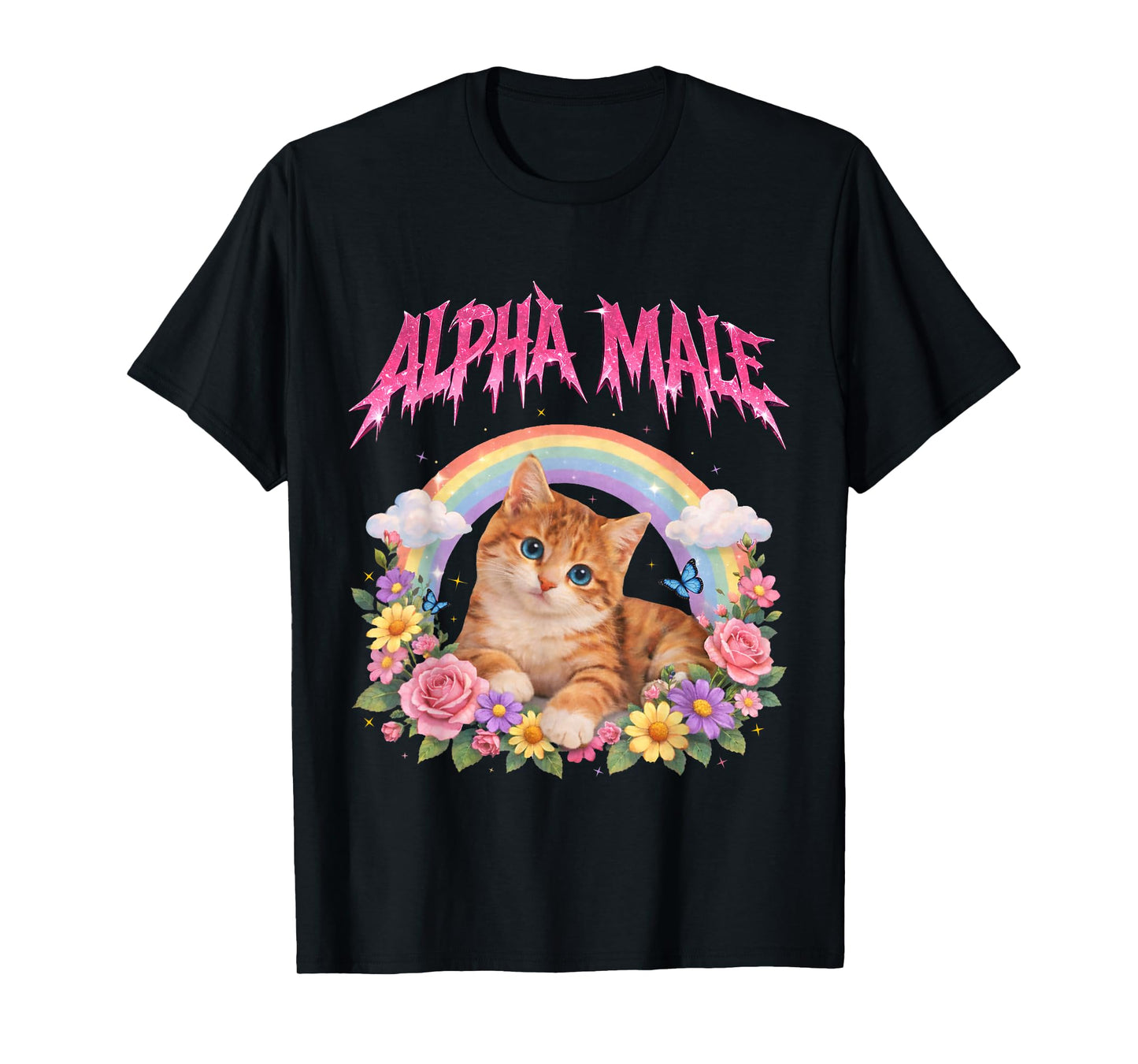 Alpha Male Funny Kitten Rainbow Floral T-Shirt