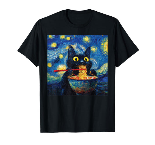 Cat Eating Ramen - Under Starry Nighit Funny Noodle Cat Art T-Shirt