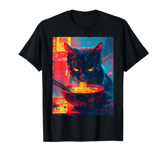 Black Cat Eating Ramen Noodles Anime Synthwave Japan T-Shirt