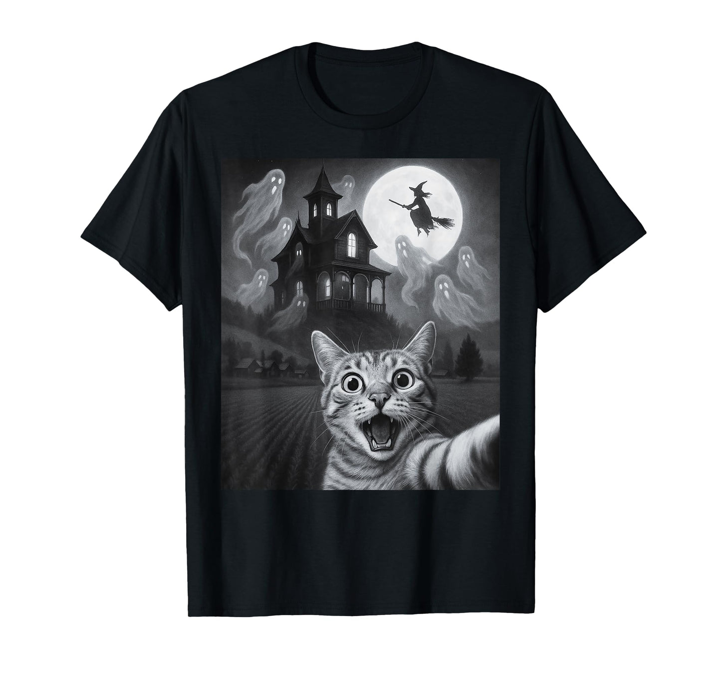 Halloween Cat Selfie With Scary House For Men Women Kids T-Shirt