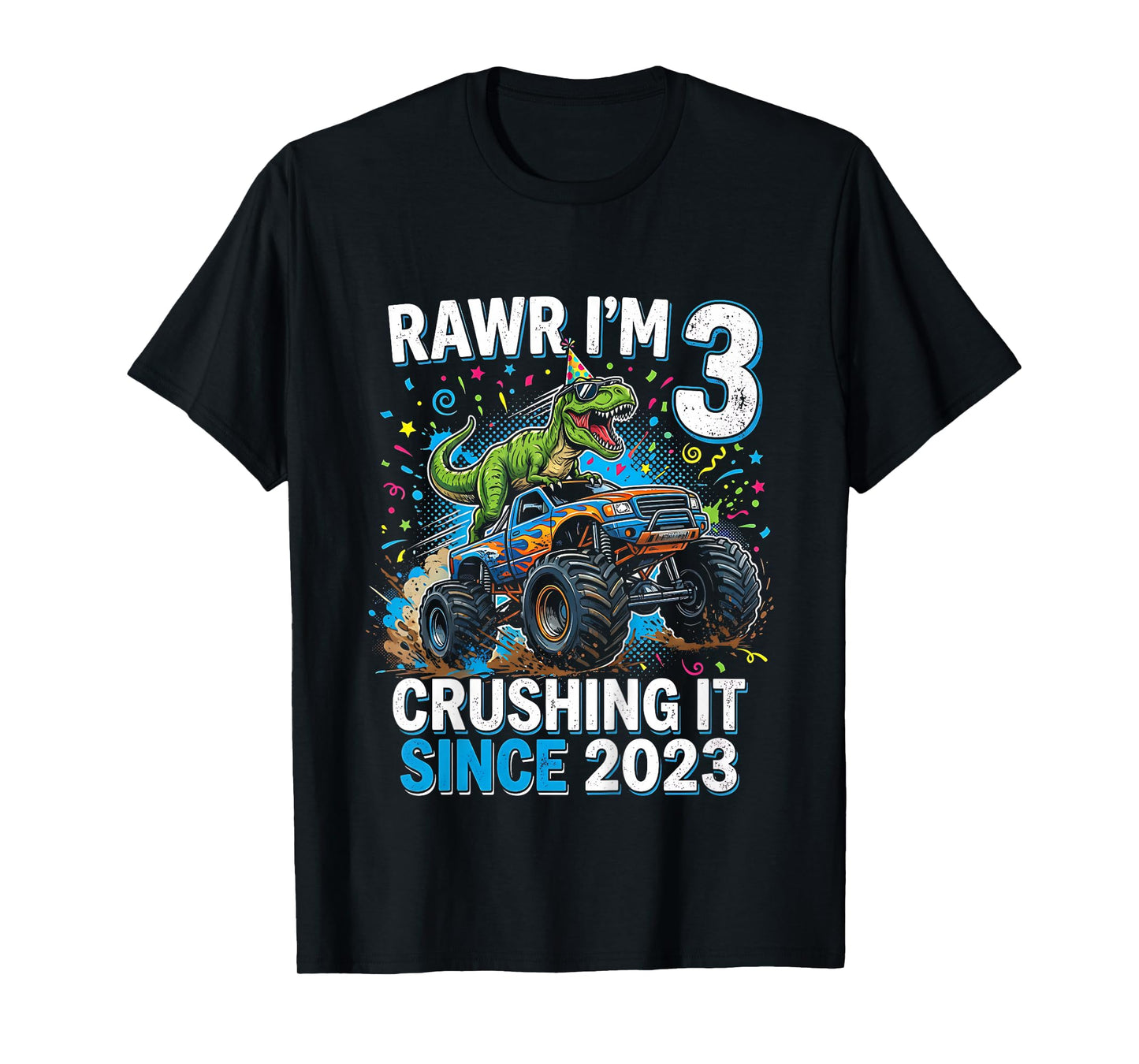 Kids 3rd Birthday Truck Turning 3 Years Old Boy Dinosaur Trex T-Shirt