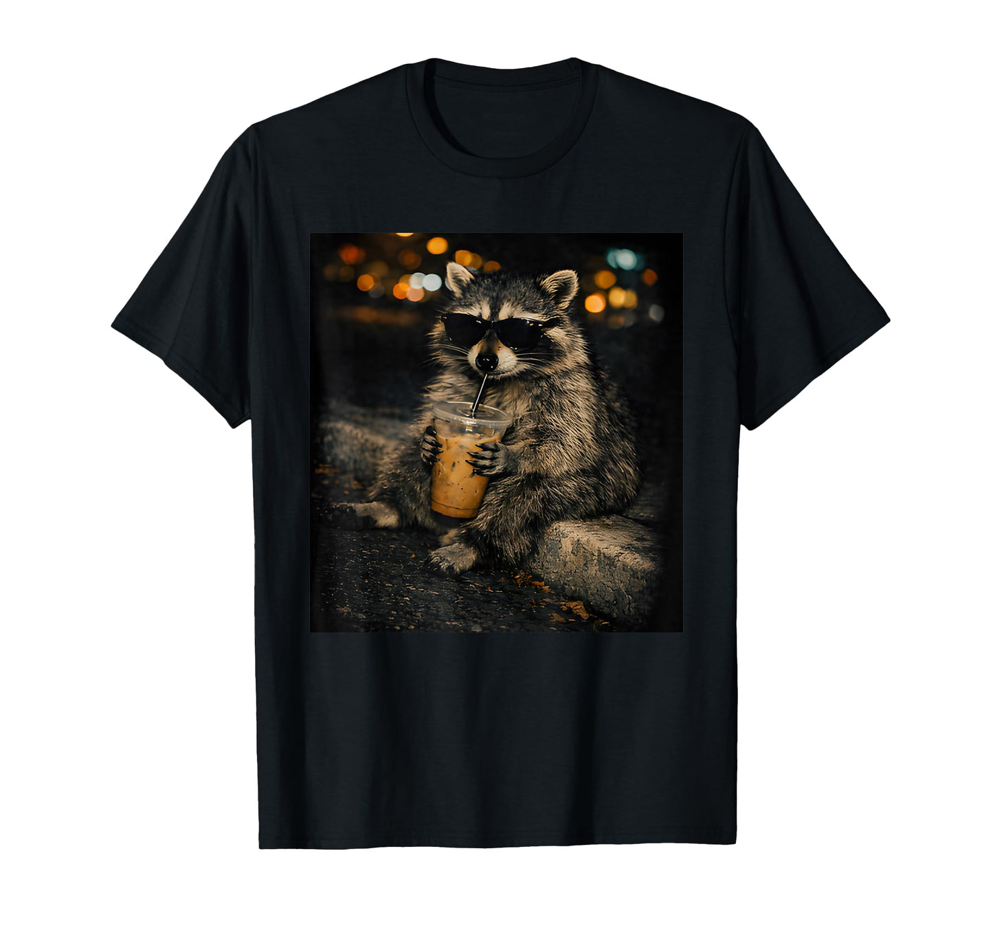Funny Raccoon Wear Sunglasses Drinking Iced Coffee Meme T-Shirt