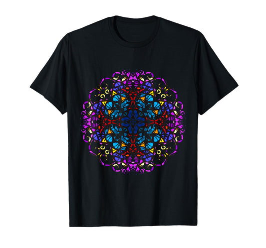 Mandala Stained Glass Graphic with Bright Rainbow of Colors T-Shirt