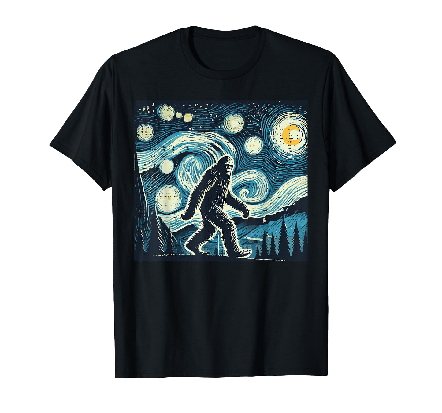 Bigfoot Starry Night Funny Sasquatch Art Paint Women Men Kid T-Shirt
