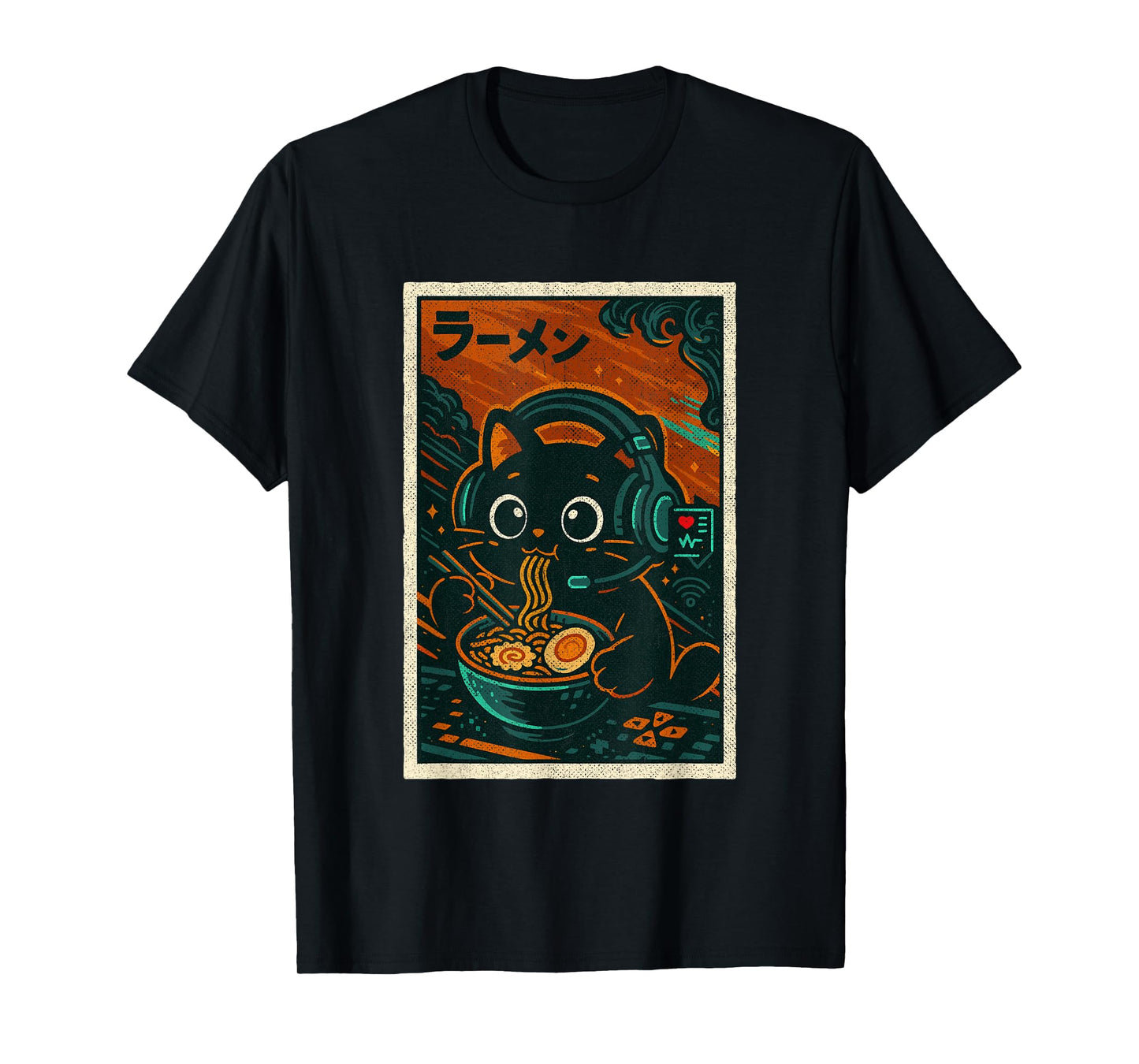 Retro Vintage Japanese Kawaii Ramen Slurping Gamer Cat T-Shirt
