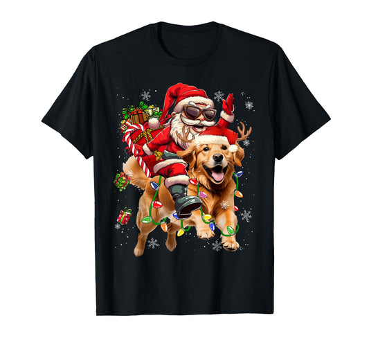Merry Christmas 2025 Santa Riding Golden Retriever Dog Xmas T-Shirt