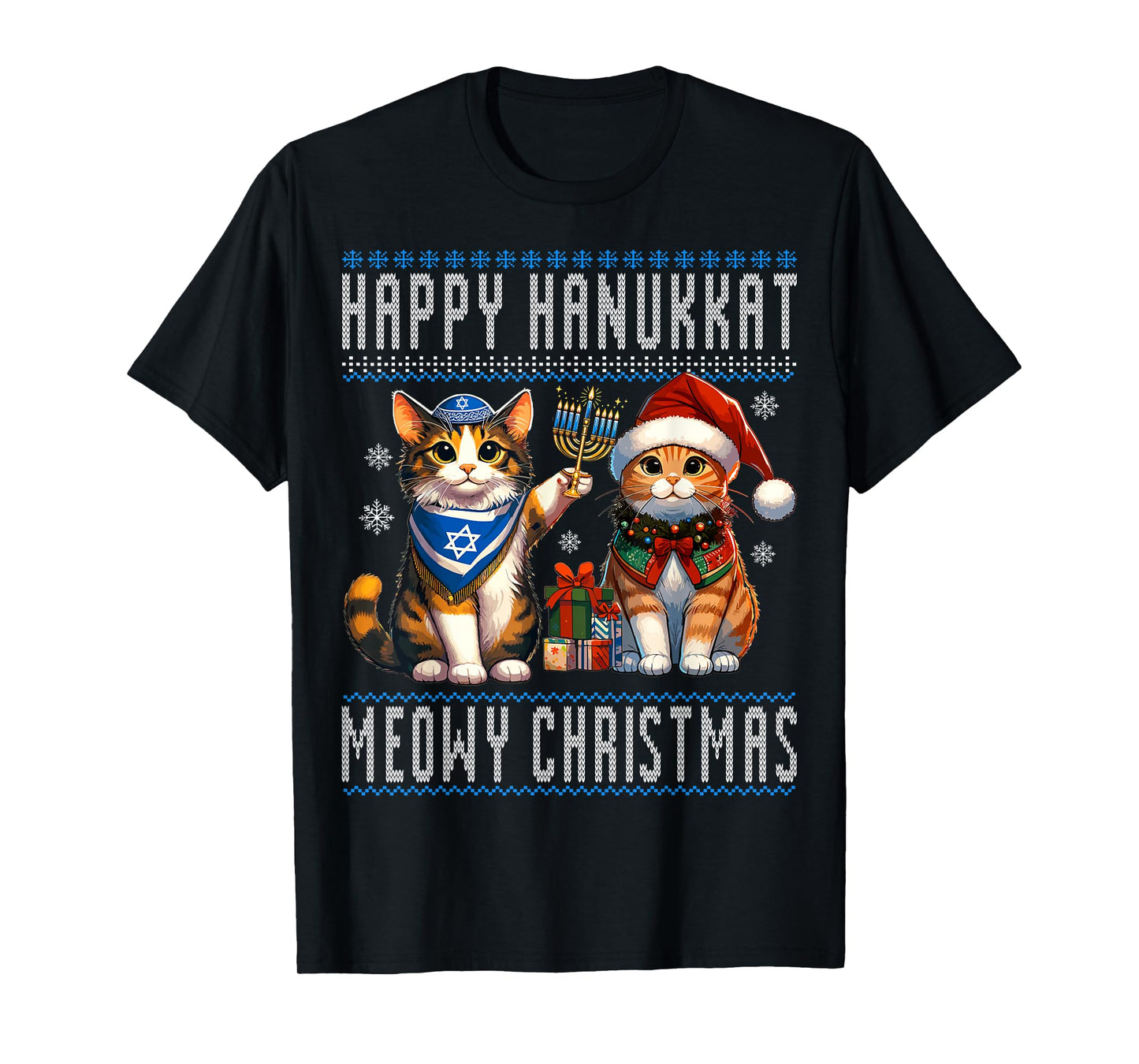 Cat Merry Christmas Happy Hanukkah Jewish Christian Men Women Kids T-Shirt