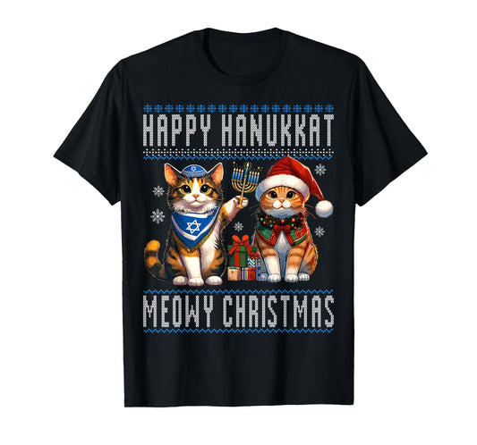 Cat Merry Christmas Happy Hanukkah Jewish Christian Men Women Kids T-Shirt