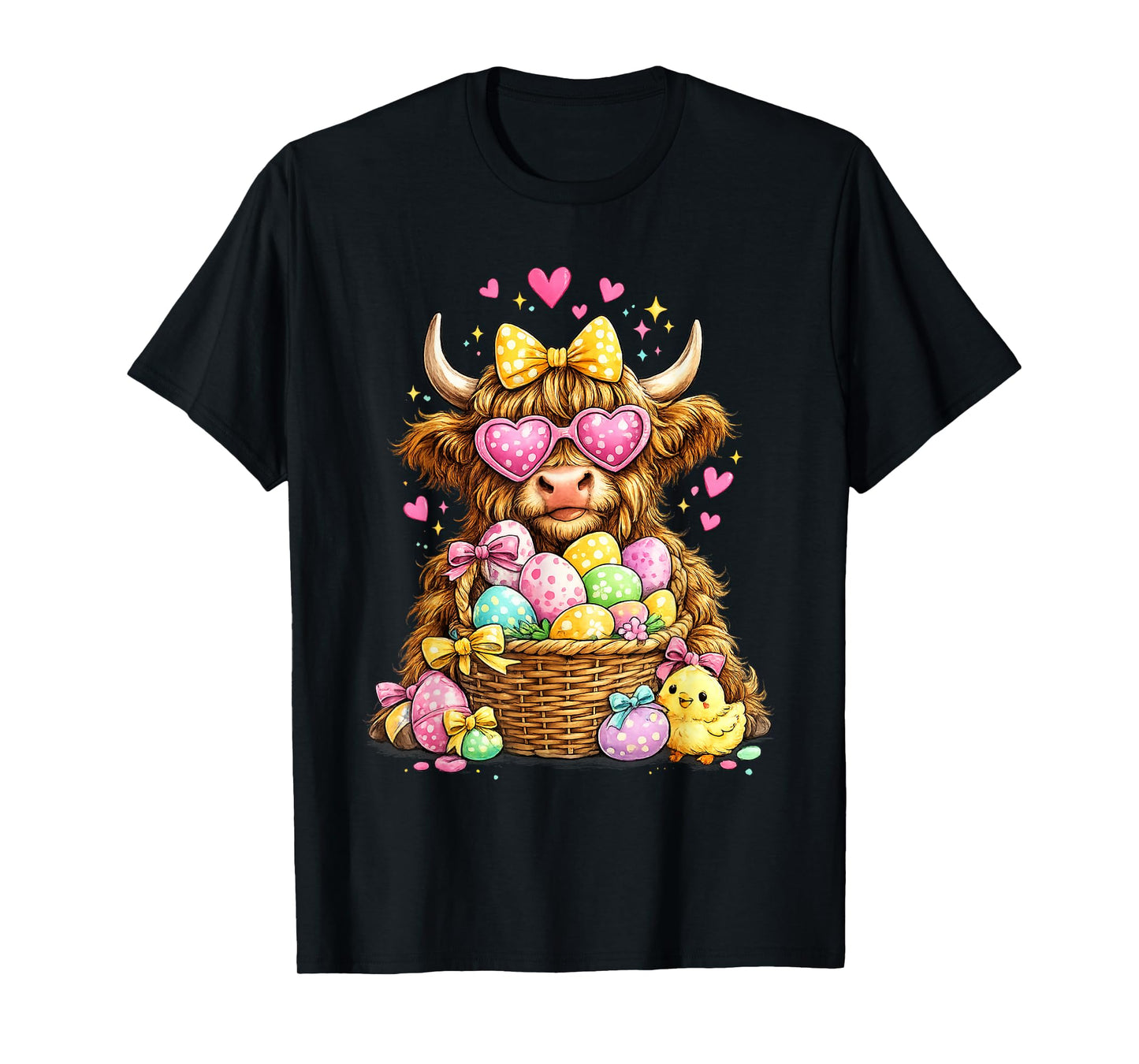 Cute Easter Highland Cow with Eggs Bunny Farm T-Shirt