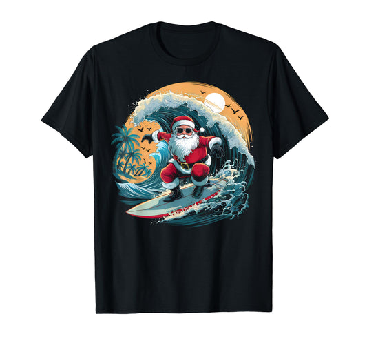 Vintage Surfer Christmas Surfing Santa Claus Beach Surfboard T-Shirt