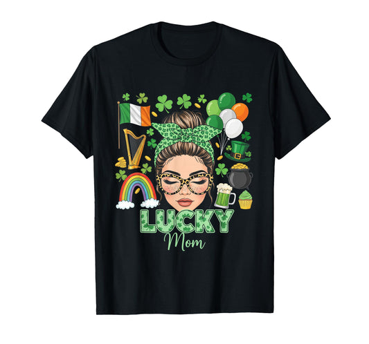 Messy Bun Hair Lucky Mom Shamrocks St Patrick's Day Women T-Shirt