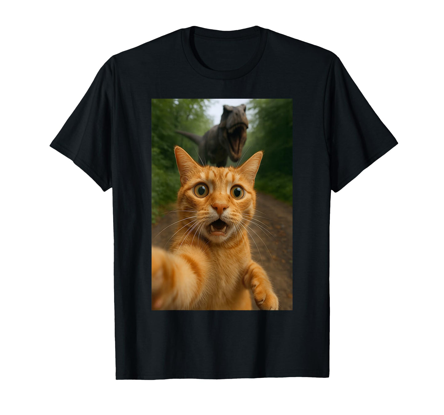 Cat Selfie Escape from Dinosaur Funny for Kids Teens Adult T-Shirt