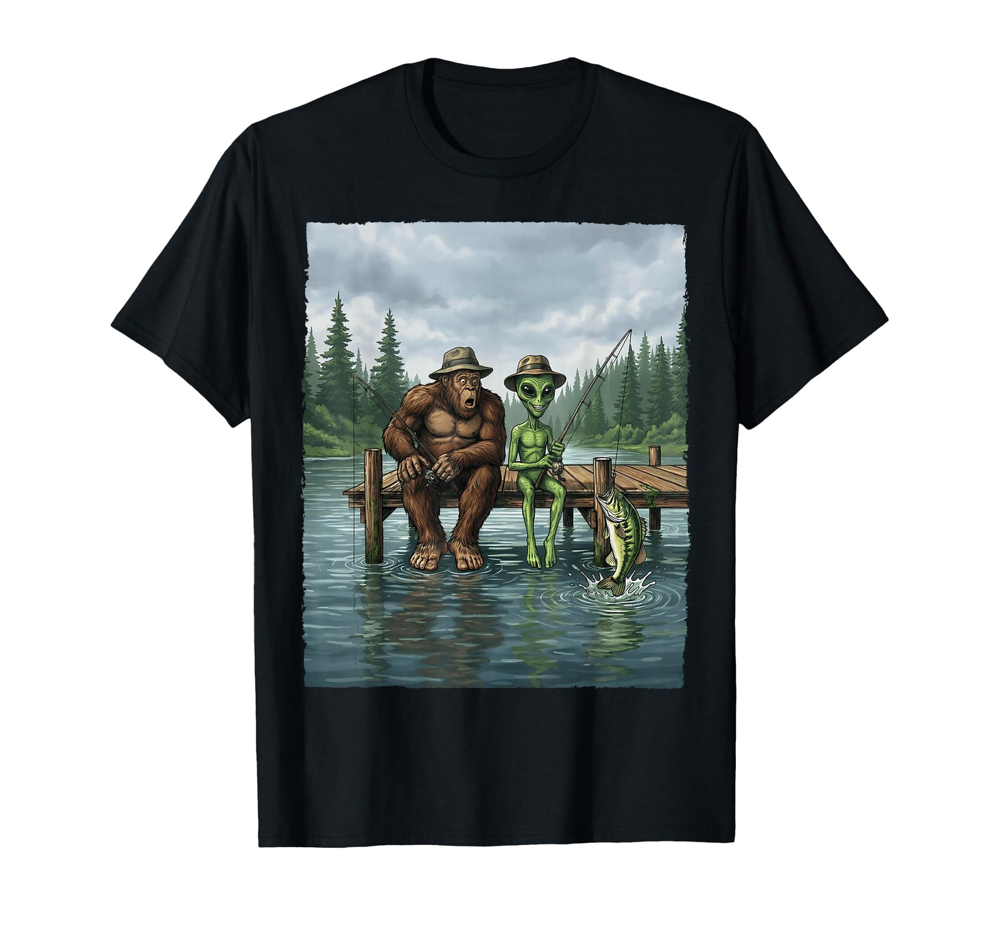 Funny Bigfoot Fishing Mens Alien Sasquatch Fishing Boys T-Shirt