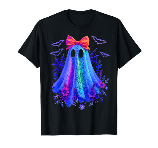 Cute Boo Halloween Ghost Bow Flower Neon Ghost Halloween T-Shirt