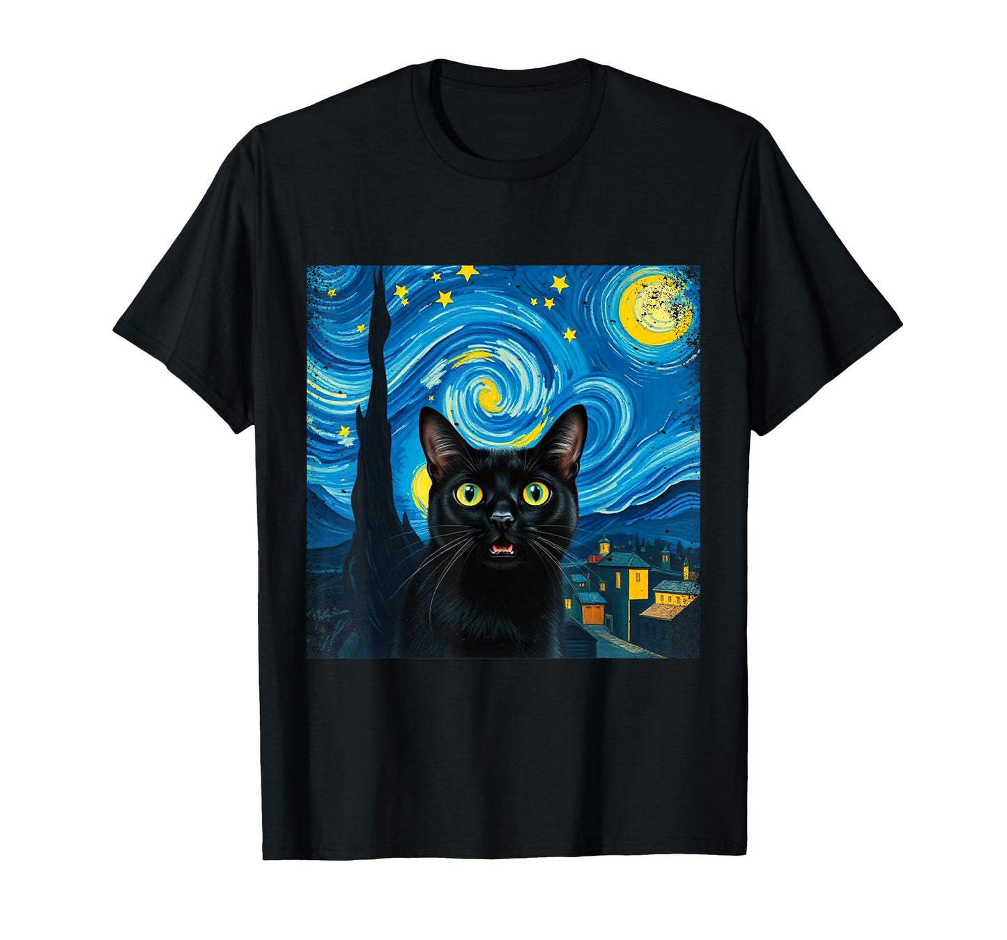 Black Cat Swirling Night Colorful Sky Starry Art Van Gogh T-Shirt