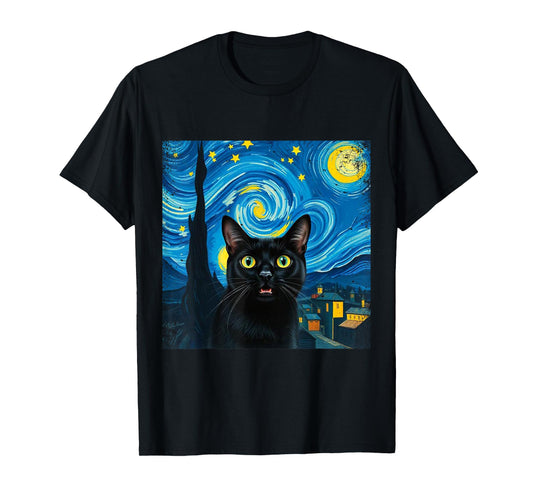 Black Cat Swirling Night Colorful Sky Starry Art Van Gogh T-Shirt