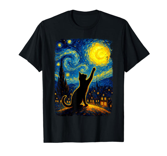 Black Cat Starry Night Van Gogh Cat, Cat Mom, Cat Dad T-Shirt