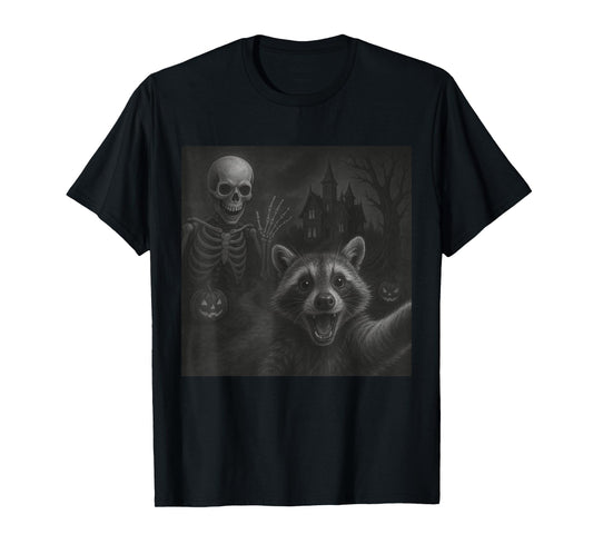 Raccoon Selfie With Skeleton Funny Raccoon Halloween Graphic T-Shirt