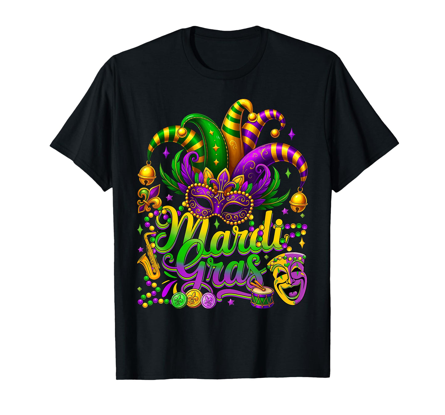 Mardi Gras Carnival Jester Hat Mask Beads Men Women Kids T-Shirt