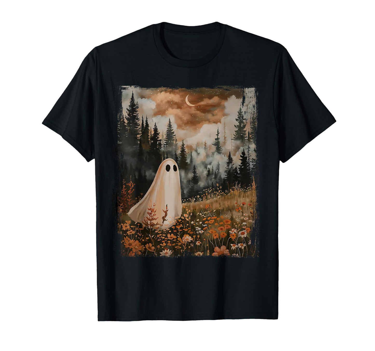 Spooky Season Halloween Ghost In The Flower Forest Vintage T-Shirt