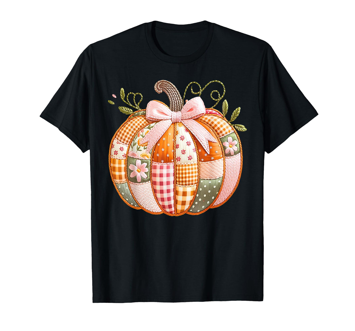 Coquette Bow Floral Patchwork Pumpkin Thanksgiving Autumn T-Shirt