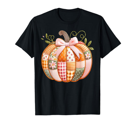 Coquette Bow Floral Patchwork Pumpkin Thanksgiving Autumn T-Shirt