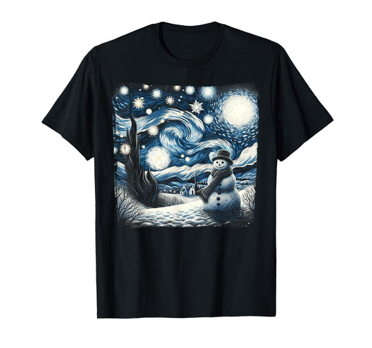 Van Gogh Starry Night Christmas Snowman Winter Snowy Night T-Shirt
