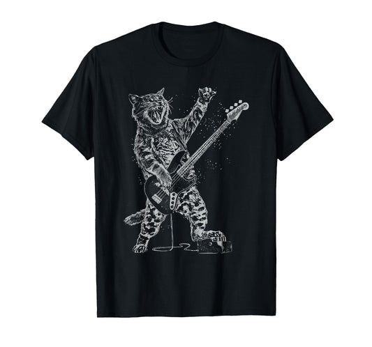 Cat Playing Bass Guitar Shirt for Men Animal Playing Guitar T-Shirt