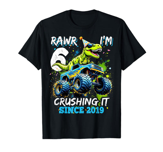 6th Birthday Monster Truck Dinosaur Party Boys Rawr I'm 6 T-Shirt