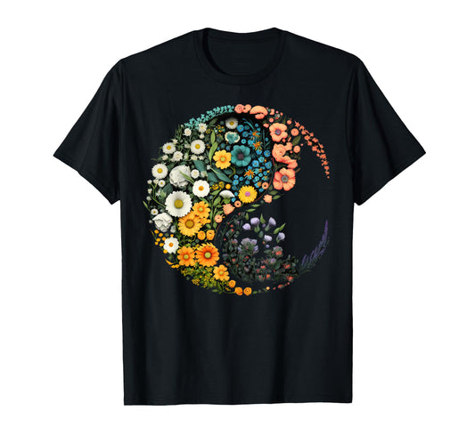 Flower Taoism Yin Yang Symbol on Zen Taijitu Yin Yang T-Shirt