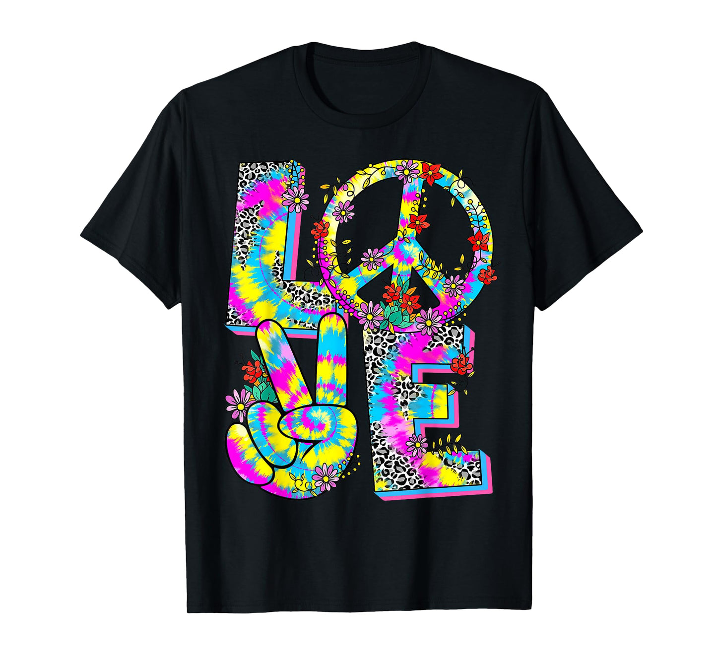 Floral Love Peace Hand Sign Leopard Tie Dye 60s 70s Hippie T-Shirt