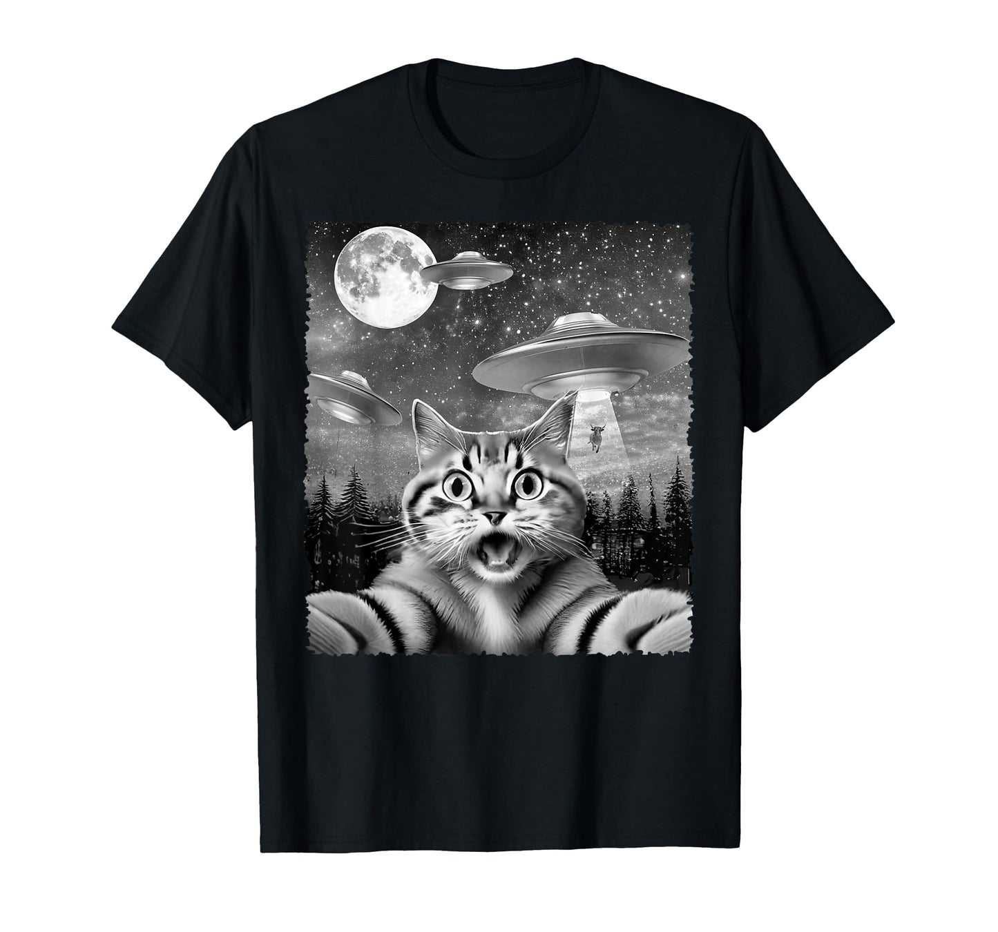 Funny Alien Cat Selfie with UFOs Gift Idea Men Women Kids T-Shirt