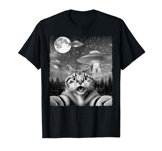 Funny Alien Cat Selfie with UFOs Gift Idea Men Women Kids T-Shirt