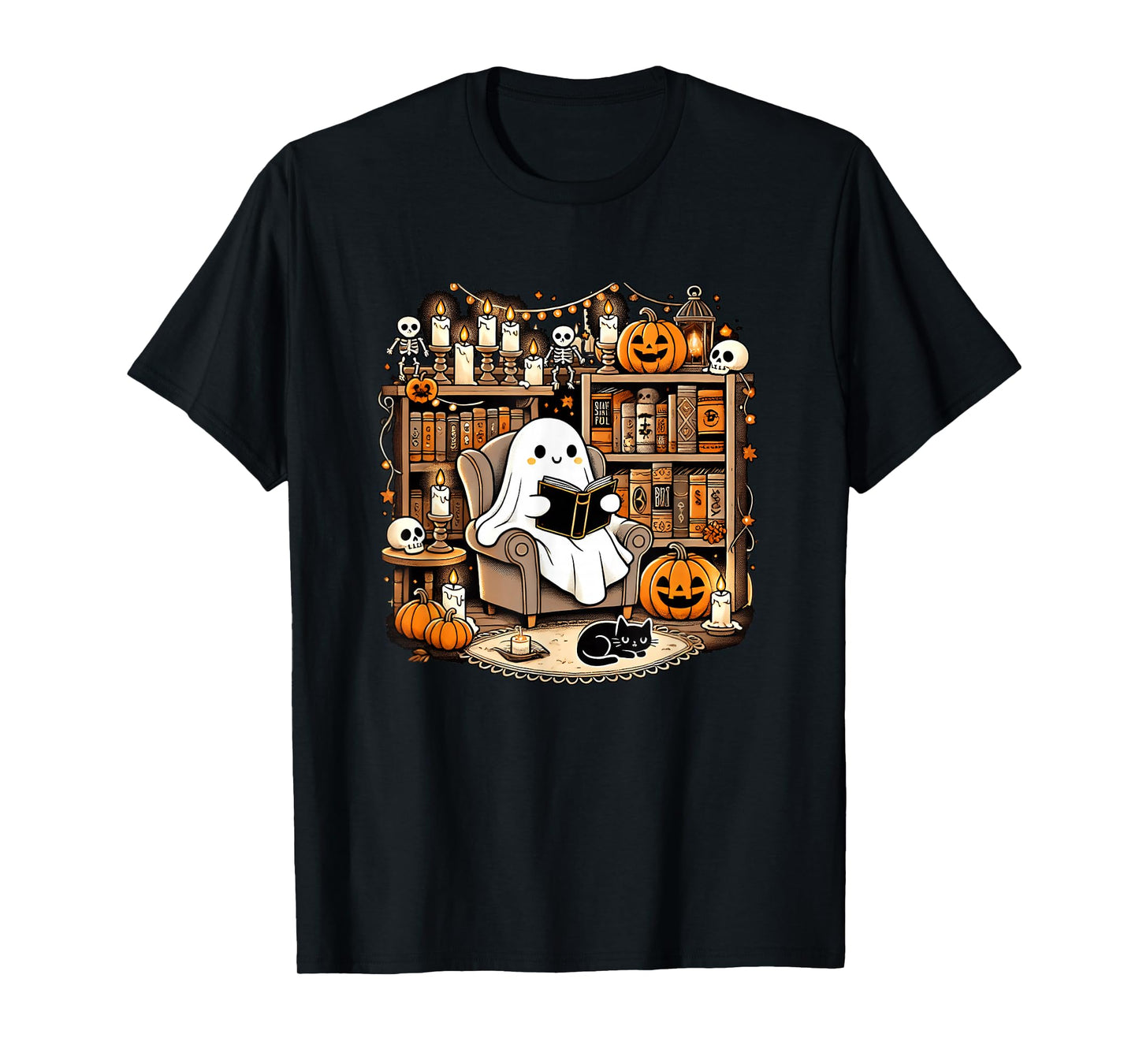 Vintage Ghost Reading Book Lovers Library Halloween Spooky T-Shirt