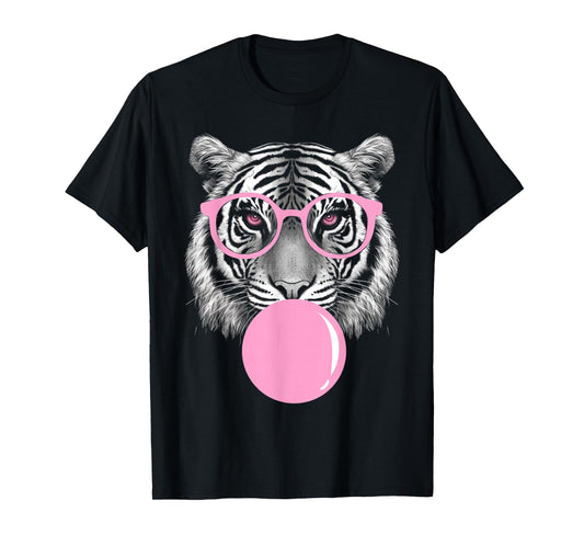 Funny Tiger Wearing Glasses and Blowing Pink Bubble Gum T-Shirt