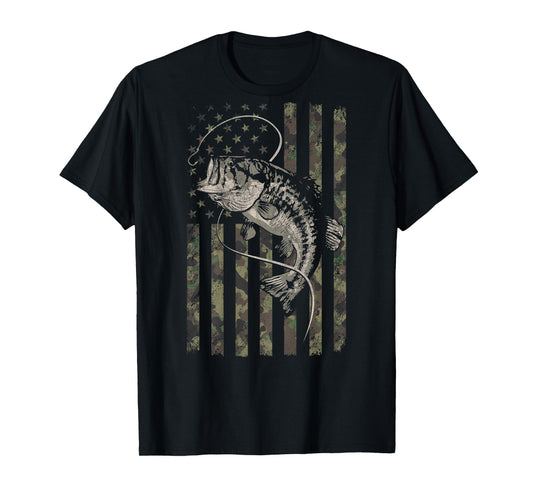 Fishing Camo American Flag Bass Fish (Design on Back) T-Shirt