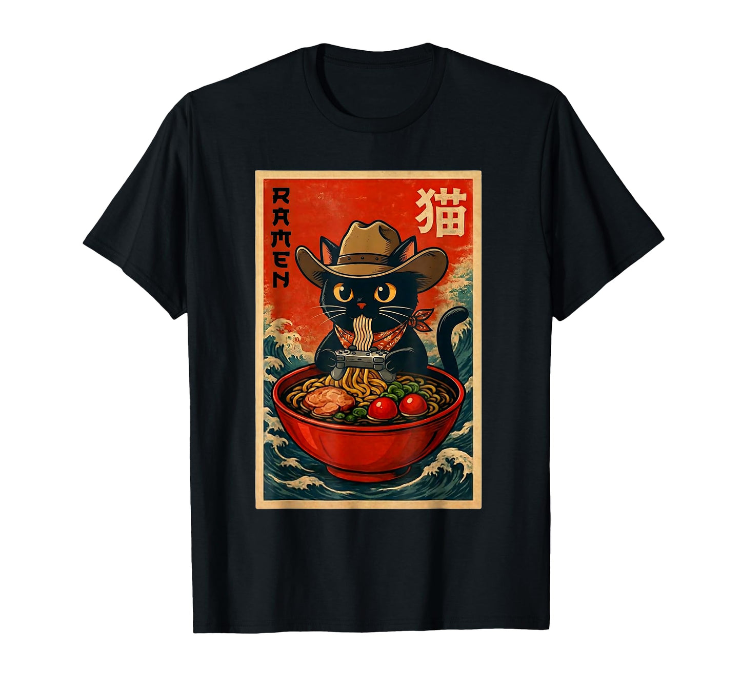 Cowboy Cat Ramen Retro Japanese Cat Gaming Noodle Teens T-Shirt