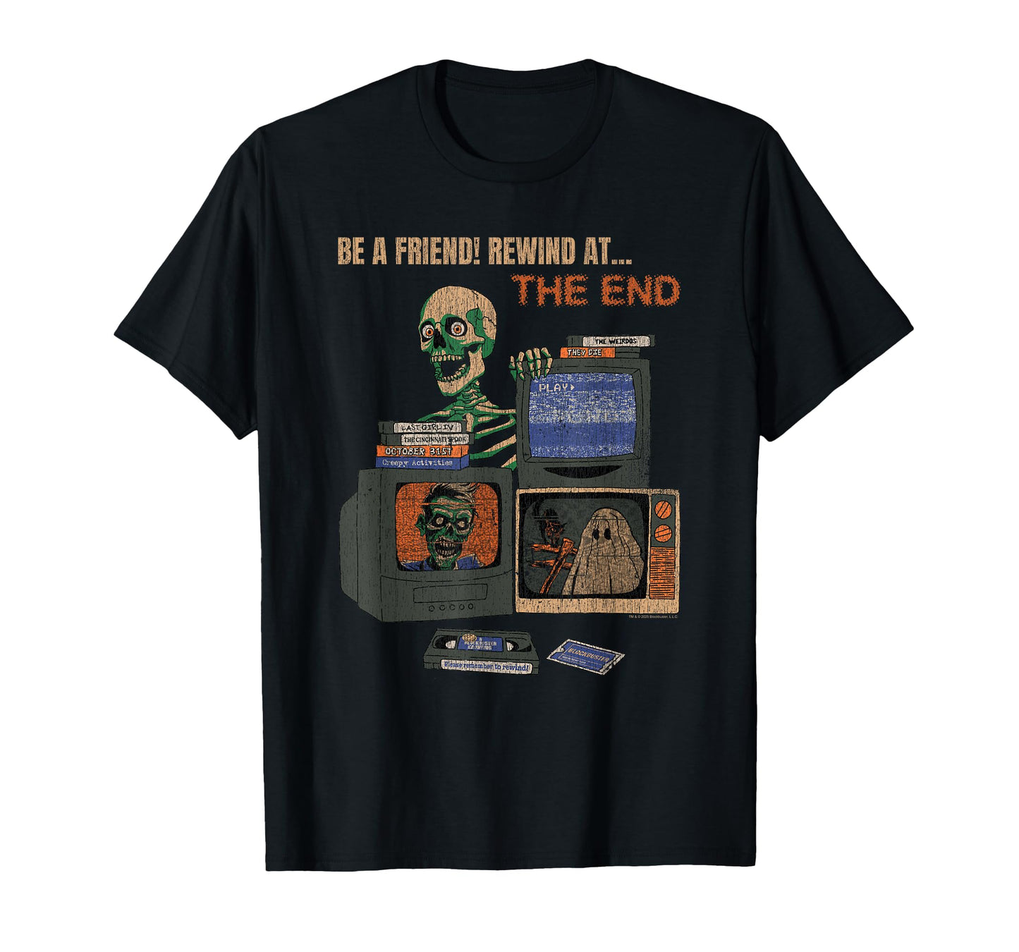 Blockbuster Rewind At the End Horror Movie Skeleton Vintage T-Shirt