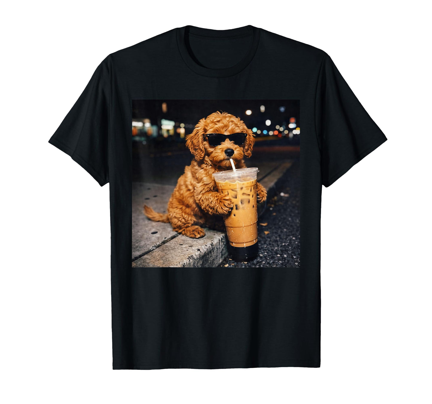 Dog Goldendoodle Drinking Iced Coffee Funny Animal Meme T-Shirt