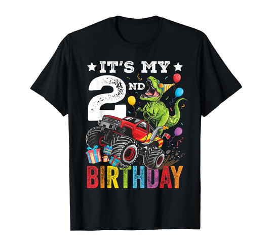 Two 2nd Birthday Dinosaur Monster Truck T-Shirt
