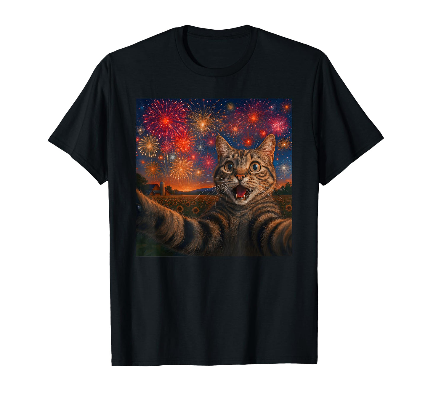 Funny Cat Selfie with Fireworks Happy New Year Eves Outfits T-Shirt