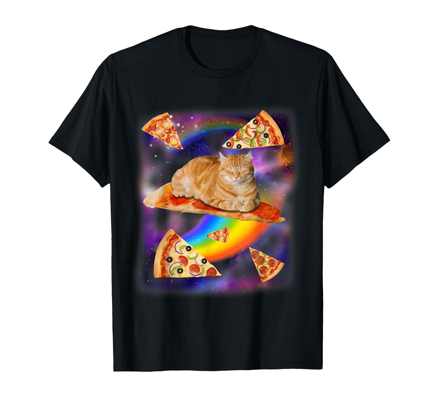 Funny Cat Riding Pizza Galaxy Cat in Space with Rainbows T-Shirt
