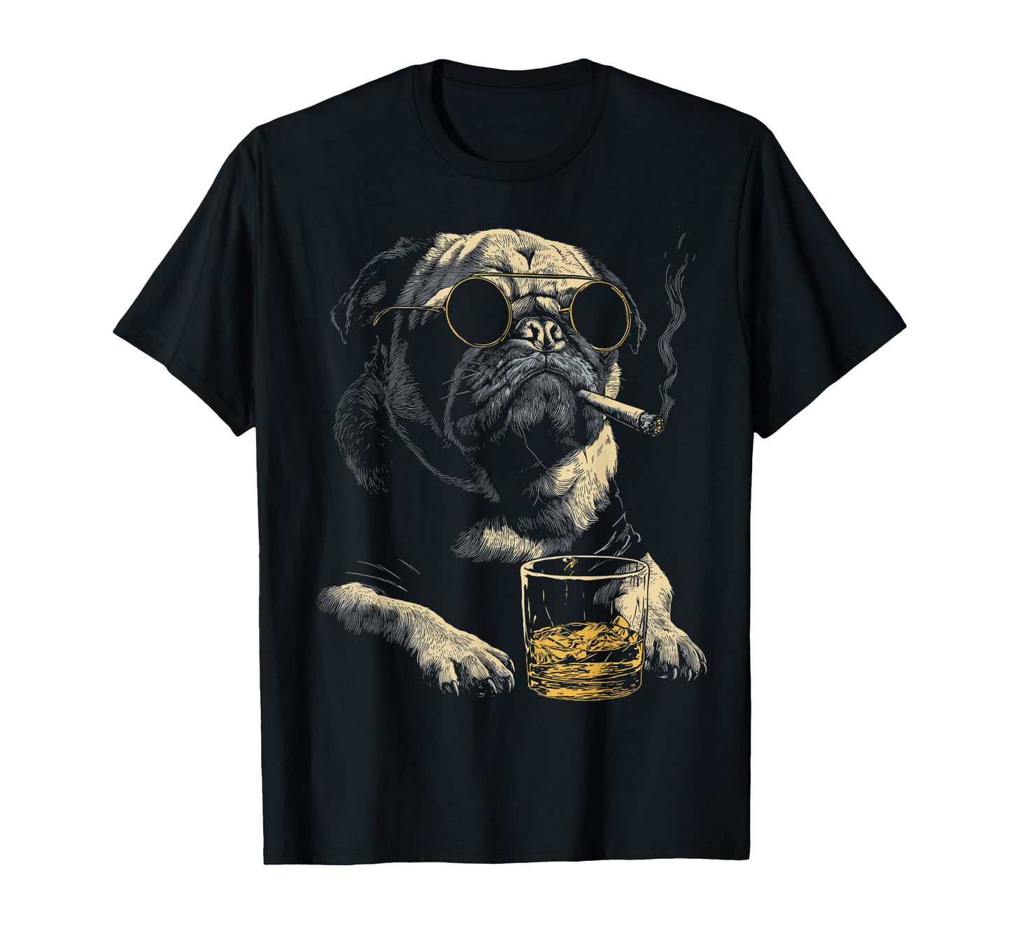 Pug Smoking Cigarette Whisky Lover Funny Dog T-Shirt