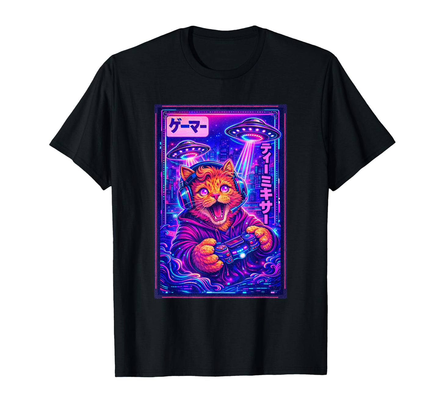 Japanese Synthwave Sci Fi UFO Cat Graphic Cool Gamer T-Shirt