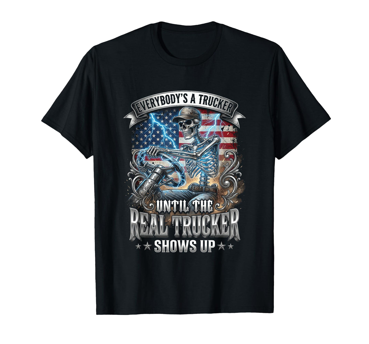 American Flag Skeleton Trucker Semi Driver Big Rig T-Shirt