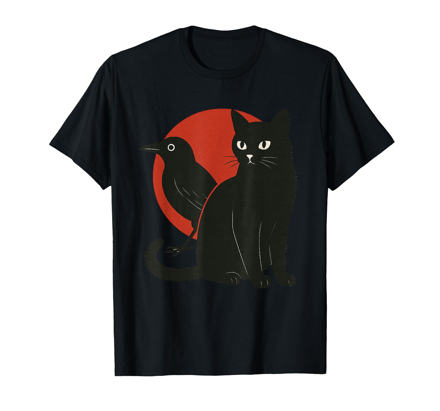 Minimal Black Cat and Raven Red The Moon Symbolic Murakami T-Shirt